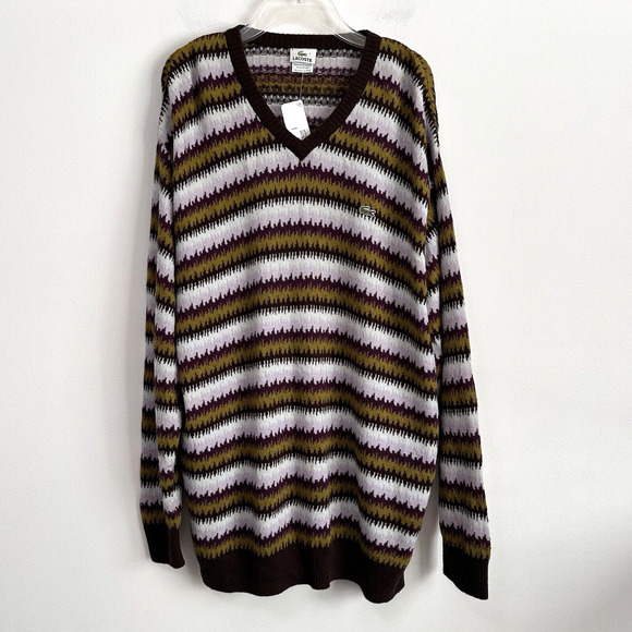 Lacoste Mens V Neck Sweater Alpaca Blend Big & Tall XXL Striped Staggered NEW - Picture 1 of 12